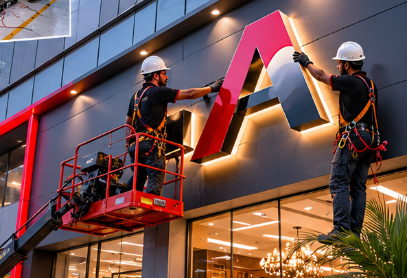 Next Media installers fitting an illuminated facade letter