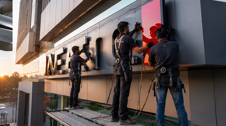 Installing illuminated signage on a facade at dusk